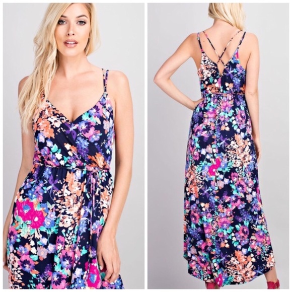 020 Boho Floral Print Criss Cross Back Cami High low Dress - Picture 2 of 2